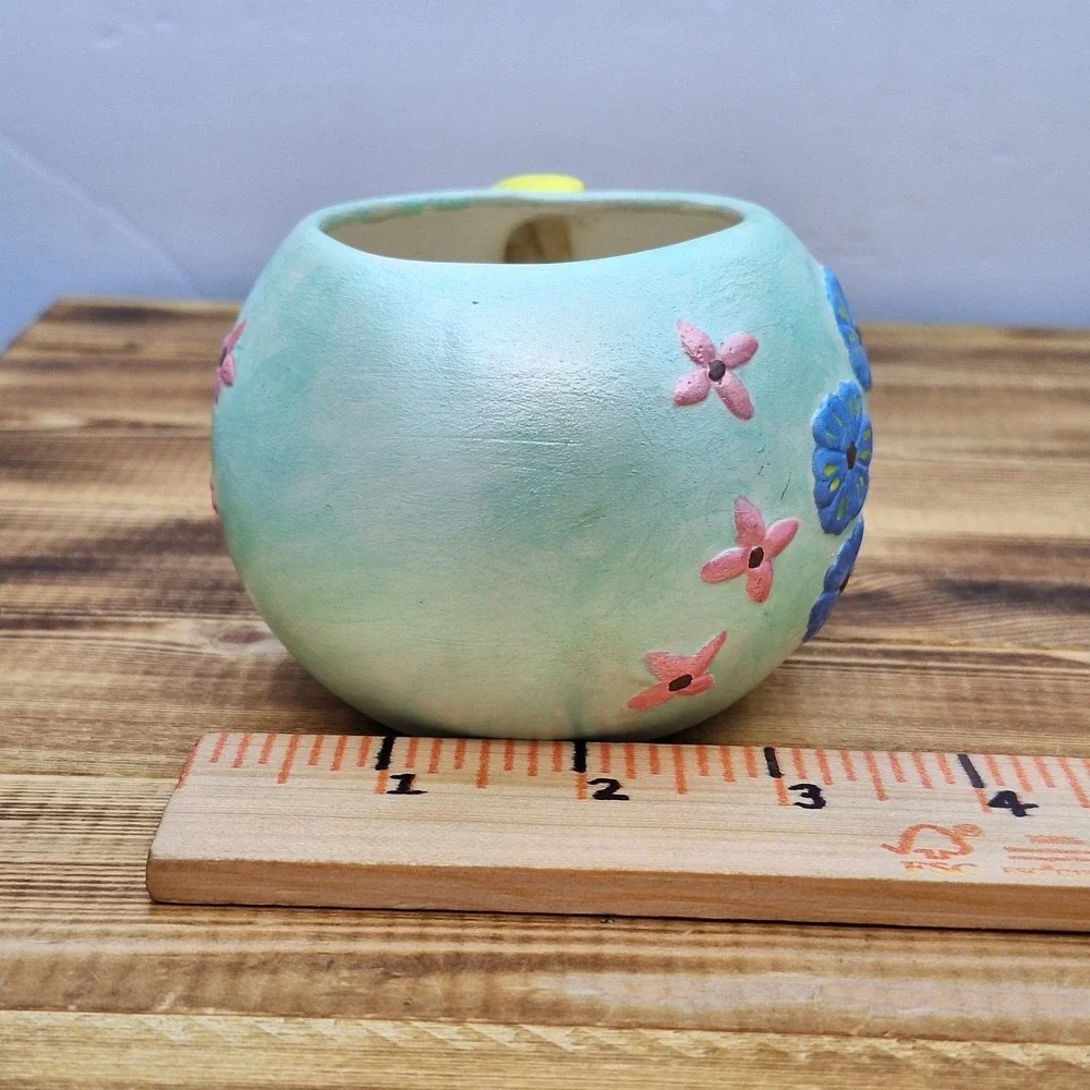Vintage‎ Baby Rattle Pottery Planter Signed Blue Yellow Pink CB